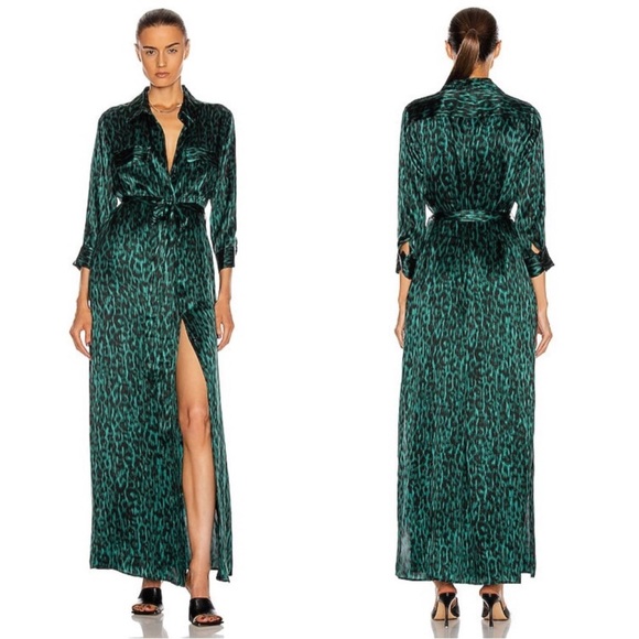 L'AGENCE Cameron Long Shirt Dress in Green Animal Print Dark Glad & Black Lionne - Picture 4 of 16
